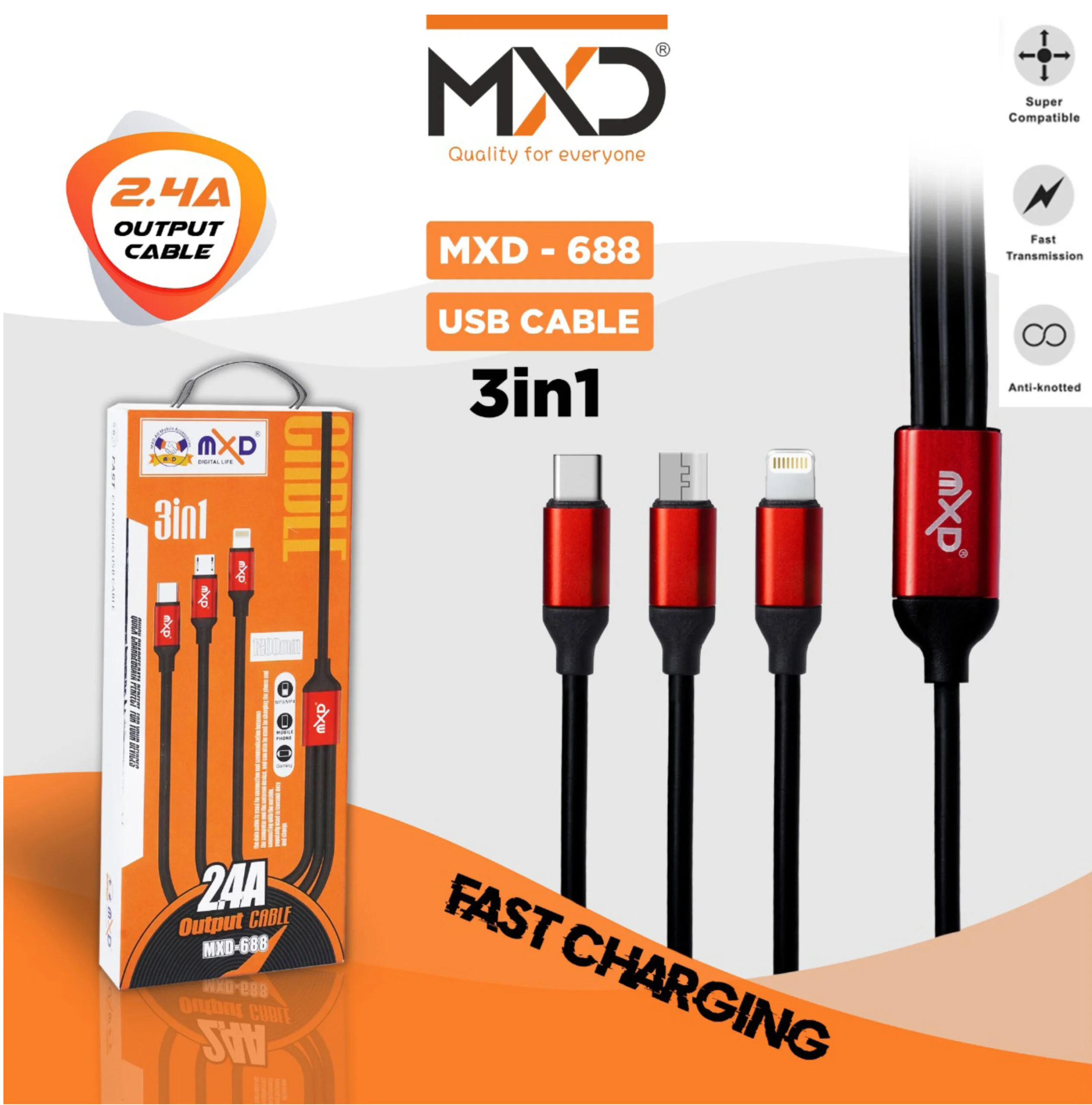 Universal 3-in-1 Multi USB Charger Cable for Android Phones and iPhone - Fast Charging Cable