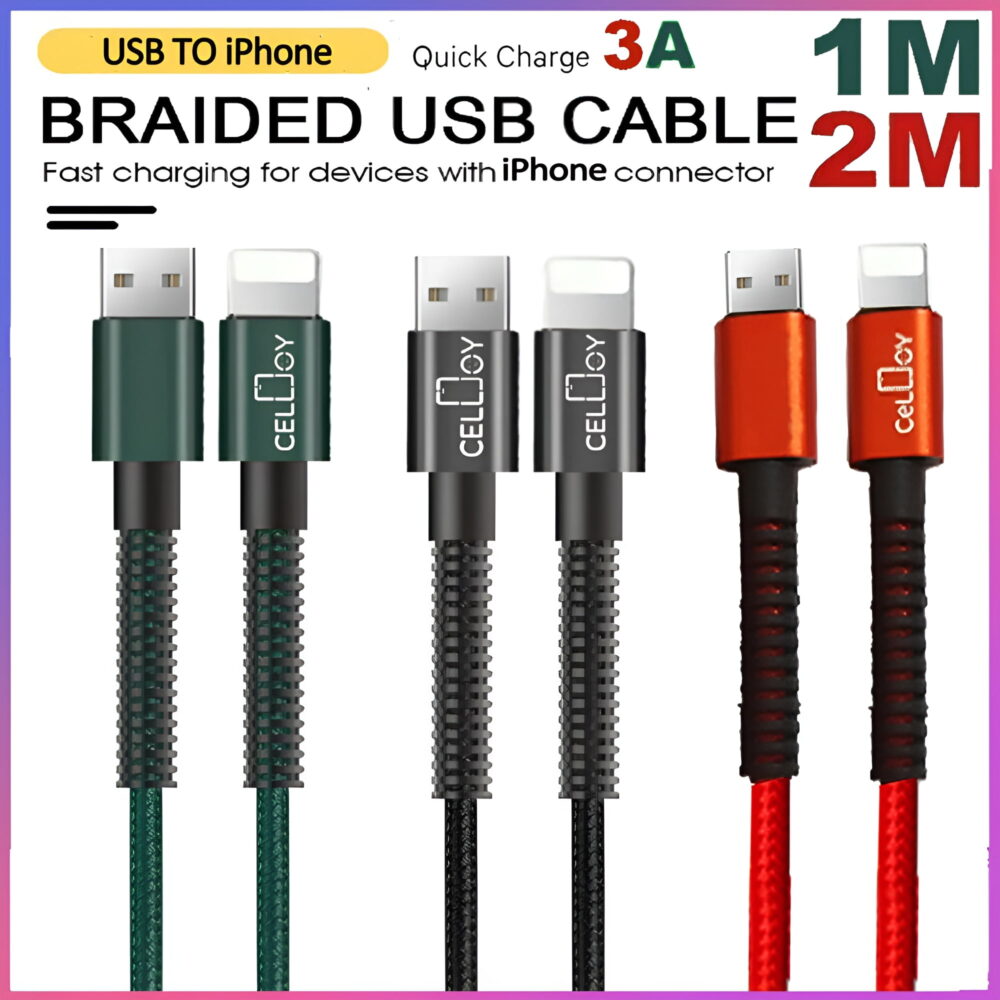 Long heavy duty braided USB fast charger cable lead compatible with iPhone 14, 13, 12, 11, X, 8, 7, XR, Pro - Durable and tangle-free design