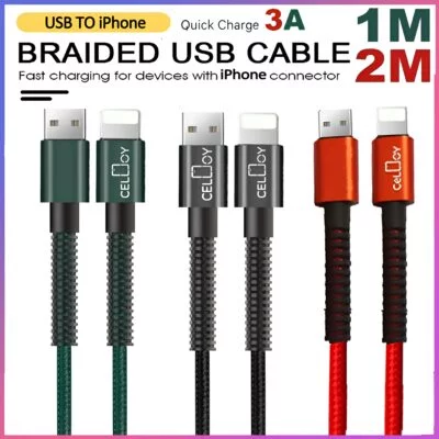Long heavy duty braided USB fast charger cable lead compatible with iPhone 14, 13, 12, 11, X, 8, 7, XR, Pro - Durable and tangle-free design