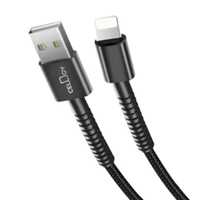 Long heavy duty BLACK braided USB fast charger cable lead compatible with iPhone 14, 13, 12, 11, X, 8, and 7 - Durable and tangle-free design