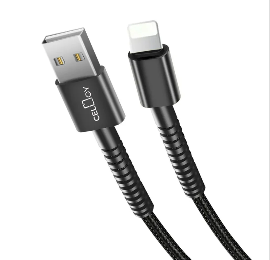 Long heavy duty BLACK braided USB fast charger cable lead compatible with iPhone 14, 13, 12, 11, X, 8, and 7 - Durable and tangle-free design
