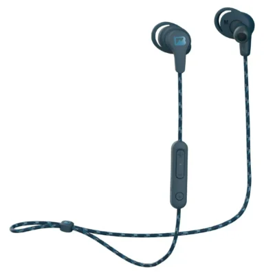 Braven Flye Sport Burst Wireless Earbuds in blue, featuring fast charging, 10-hour battery life, waterproof IPX-5 protection, and multi-point Bluetooth connectivity for active use.