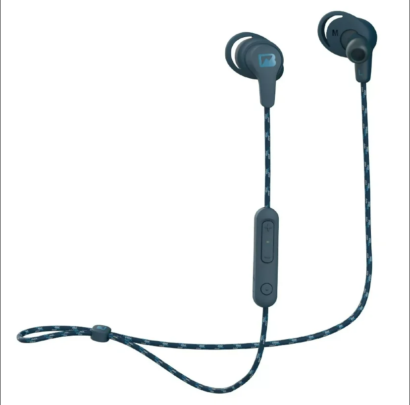 Braven Flye Sport Burst Wireless Earbuds in blue, featuring fast charging, 10-hour battery life, waterproof IPX-5 protection, and multi-point Bluetooth connectivity for active use.