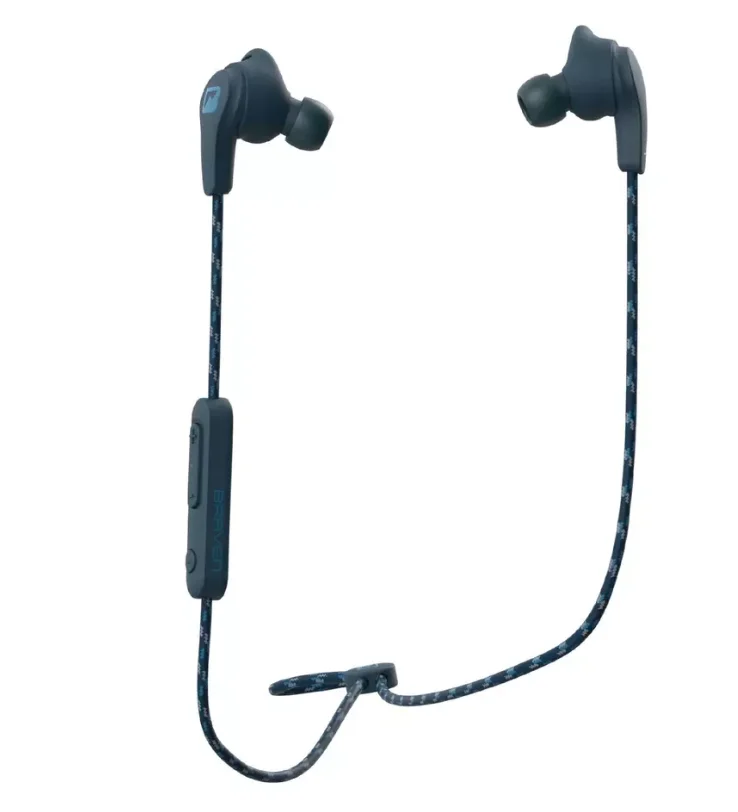 Braven Flye Sport Burst Wireless Earbuds in blue, featuring fast charging, 10-hour battery life, waterproof IPX-5 protection, and multi-point Bluetooth connectivity for active use.