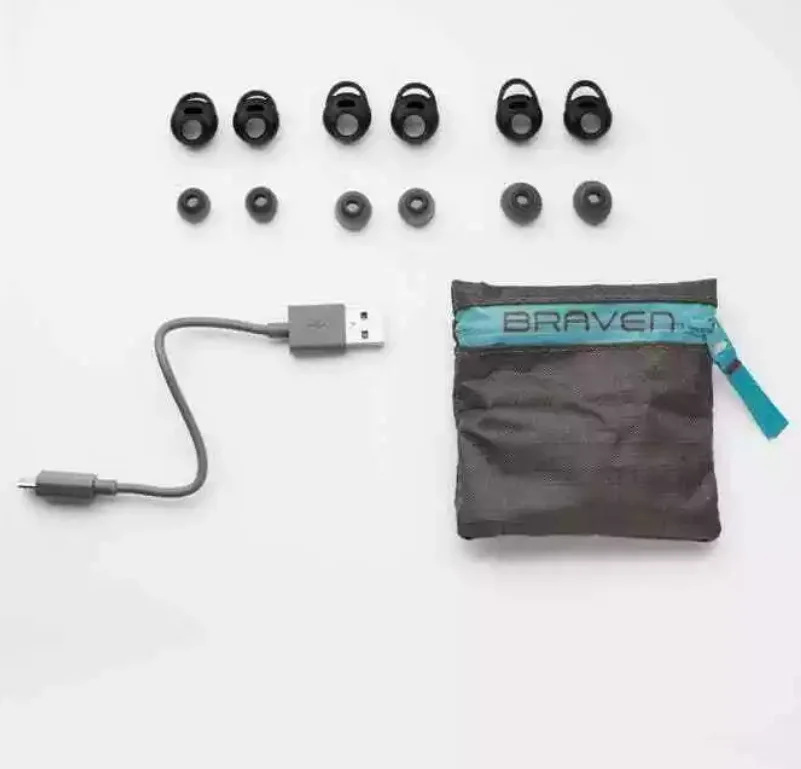 Braven Flye Sport Burst Wireless Earbuds in blue, featuring fast charging, 10-hour battery life, waterproof IPX-5 protection, and multi-point Bluetooth connectivity for active use.