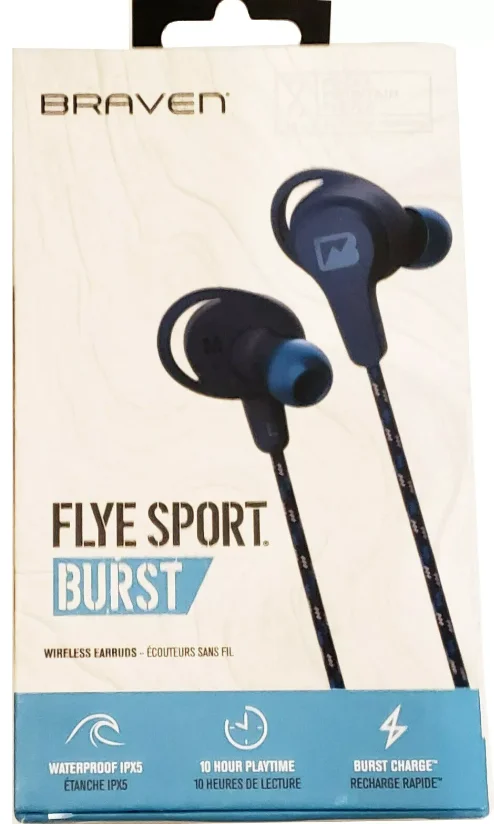 Braven Flye Sport Burst Wireless Earbuds in blue, featuring fast charging, 10-hour battery life, waterproof IPX-5 protection, and multi-point Bluetooth connectivity for active use.