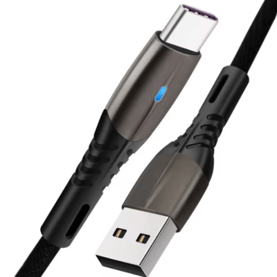 USB Type-C 5.1A Fast Charging Nylon Braided Cable with durable metal zinc alloy connectors and LED light for Android phones, providing fast charging and enhanced durability.