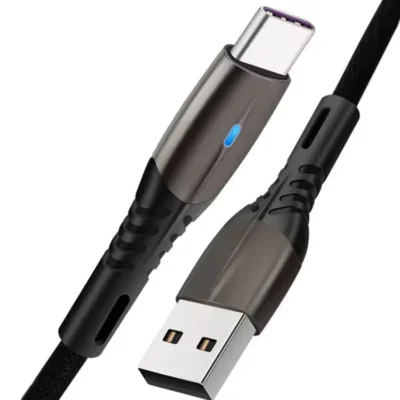USB Type-C 5.1A Fast Charging Nylon Braided Cable with durable metal zinc alloy connectors and LED light for Android phones, providing fast charging and enhanced durability.