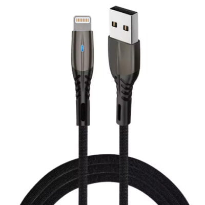 USB iPhone 5.1A Fast Charging Nylon Braided Cable with metal zinc alloy connectors and LED light, providing fast and durable charging for Apple devices.