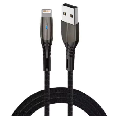 USB iPhone 5.1A Fast Charging Nylon Braided Cable with metal zinc alloy connectors and LED light, providing fast and durable charging for Apple devices.