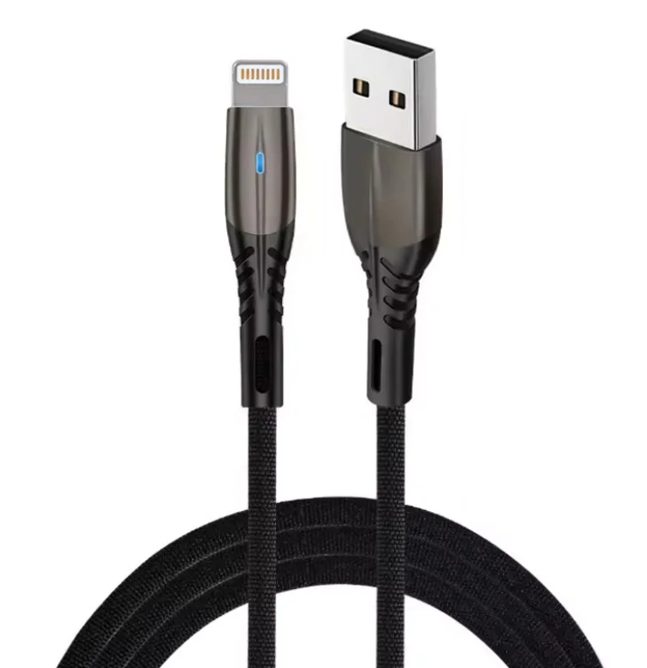 USB iPhone 5.1A Fast Charging Nylon Braided Cable with metal zinc alloy connectors and LED light, providing fast and durable charging for Apple devices. USB iPhone 5.1A Fast Charging Nylon Braided Cable with metal zinc alloy connectors and LED light, providing fast and durable charging for Apple devices.